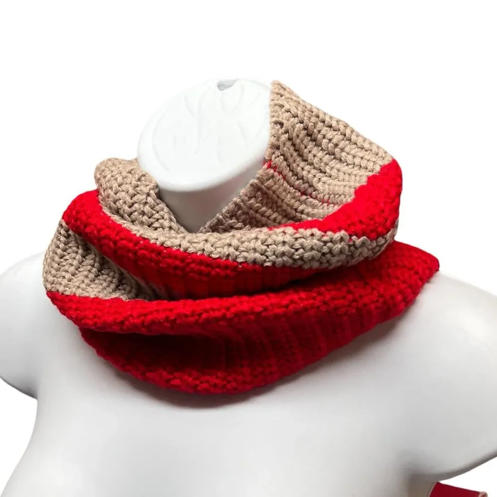Calvin Klein Knit Neck Warmer‎ Womens OS Red Beige Striped Cowl Winter Scarf